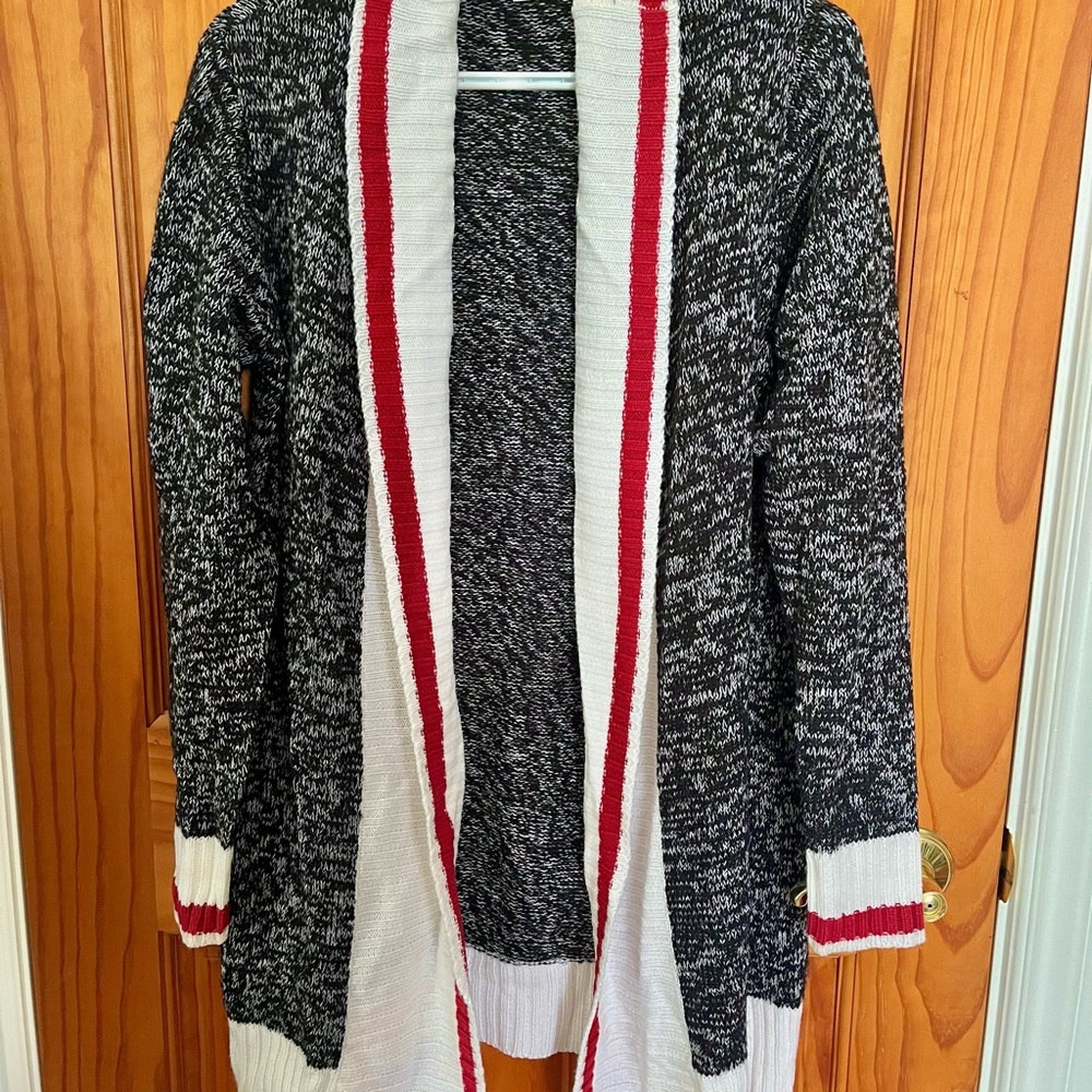 Grey and White Open Front Cardigan with Red Trim